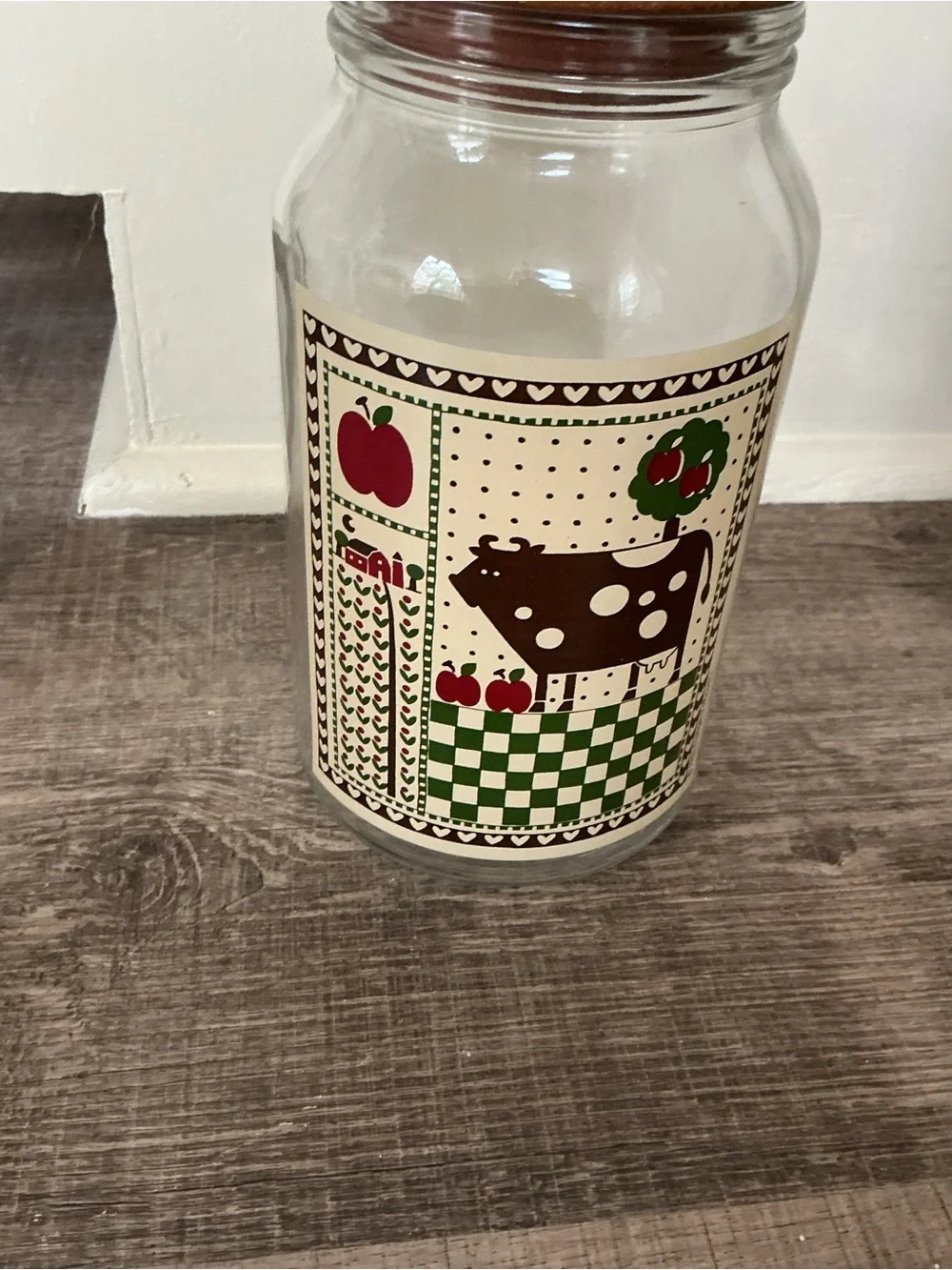 Vintage 1981 Cow Canister Rodger Johnson Glass Jar Wood Lid Farm Folk Art